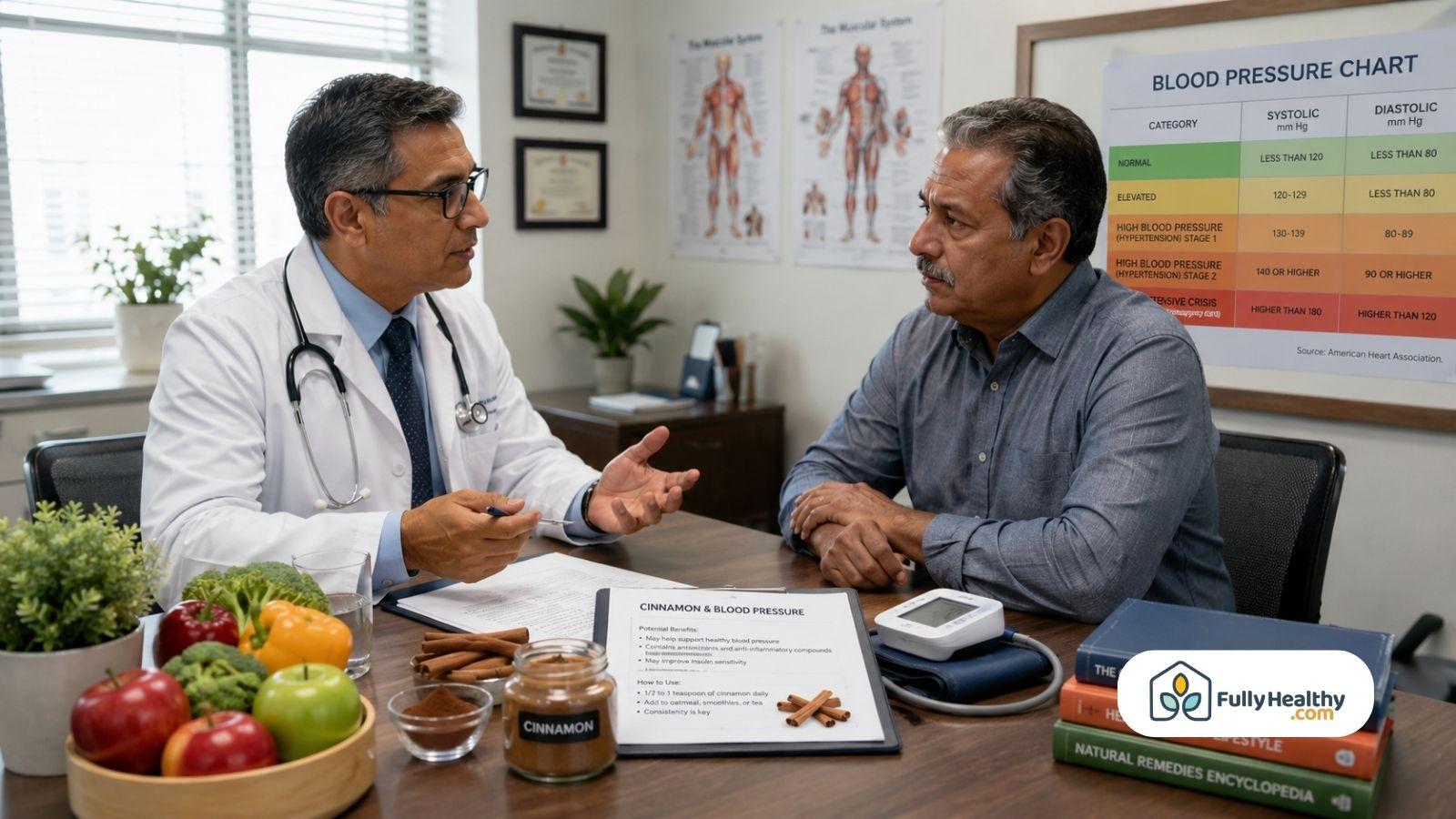 Doctor discussing cinnamon and blood pressure management with patient in medical office