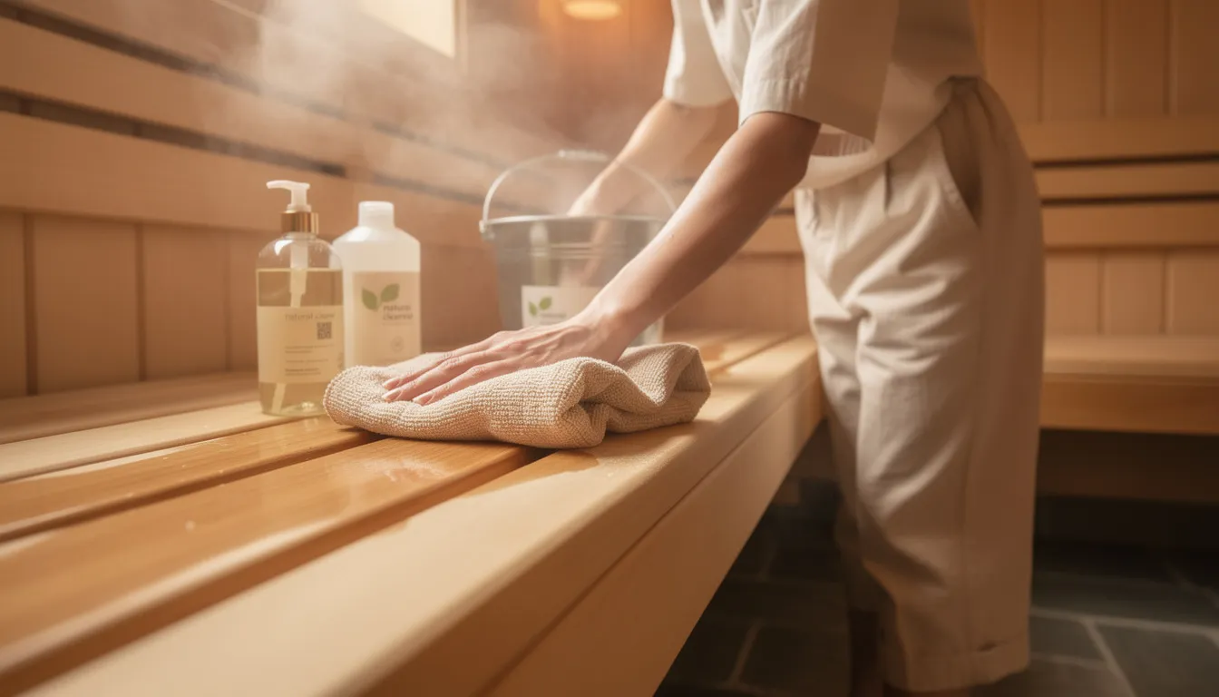 A person is diligently cleaning wooden sauna benches with natural cleaning products, ensuring a healthy and inviting environment in their home sauna. The wooden surfaces, likely made from moisture-resistant materials, reflect the commitment to maintaining proper ventilation and hygiene for optimal wellness benefits.