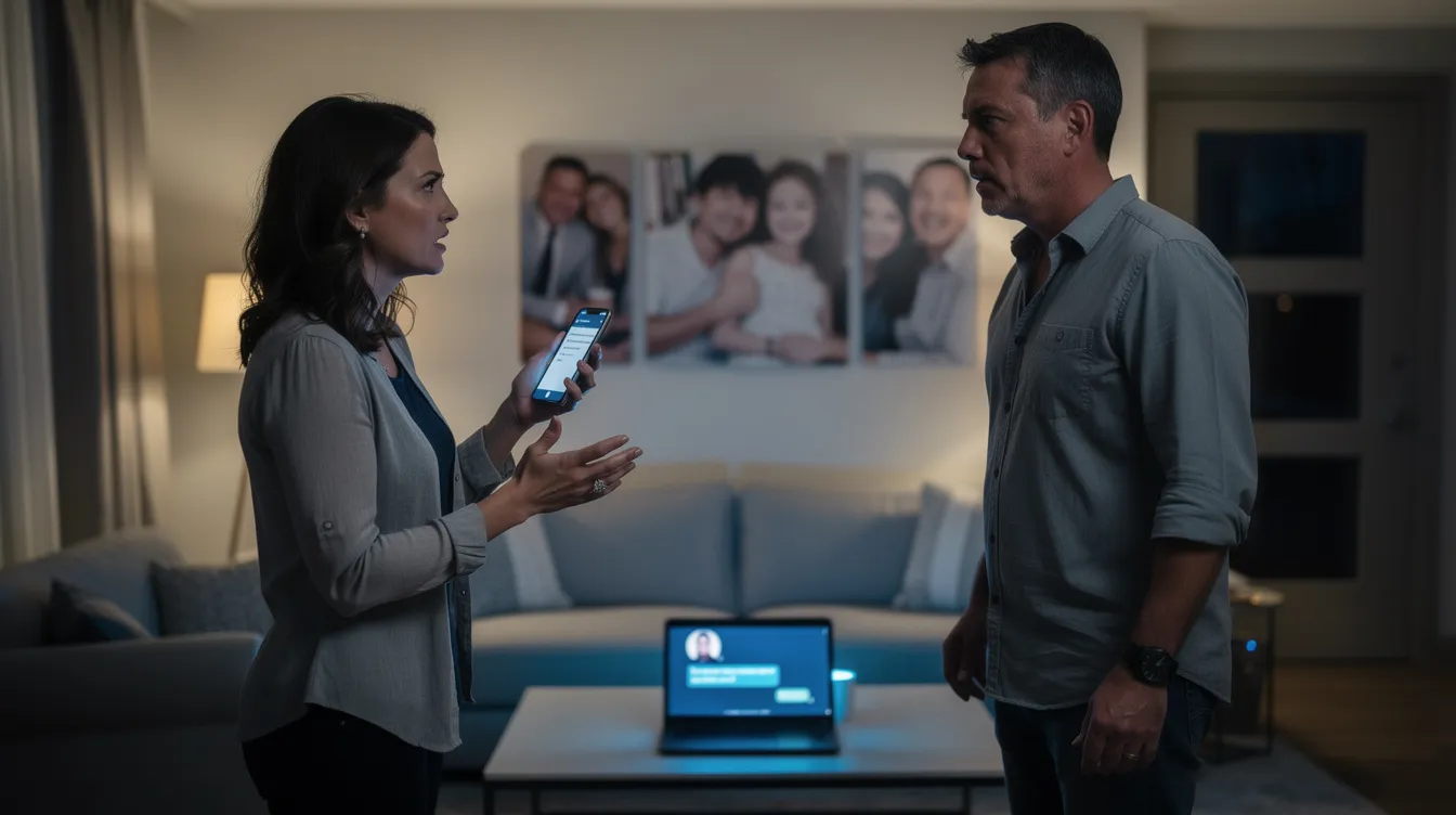 The image depicts a distraught wife confronting her husband, who appears guilty and remorseful after being caught cheating. This scene represents the deep pain and emotional turmoil that often accompanies betrayal trauma, highlighting the importance of seeking support and beginning the healing journey towards emotional well-being and rebuilding trust.