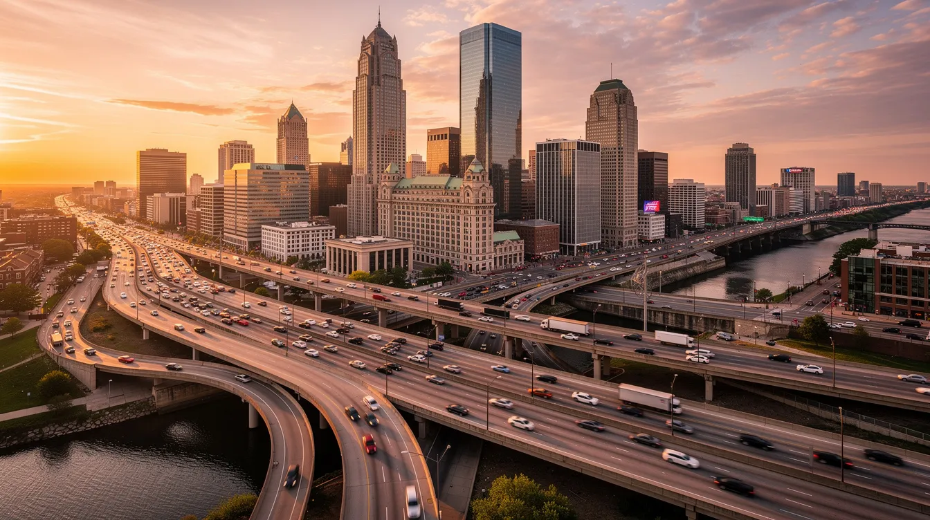 The image depicts the Philadelphia skyline with its iconic skyscrapers rising in the background, while a complex highway interchange is visible in the foreground, illustrating the bustling urban landscape of Pennsylvania. This scene highlights the importance of auto transport services for navigating such busy roadways, emphasizing the role of car shipping companies in ensuring efficient vehicle transport.