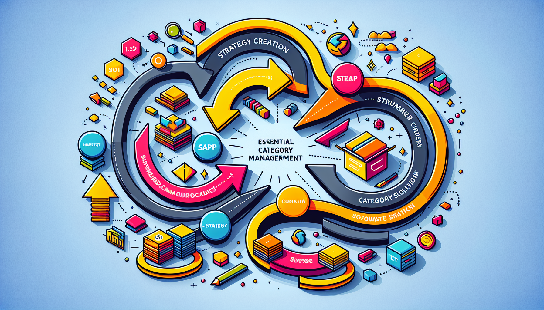 An illustration representing SAP Category Management, showcasing various components like strategy, processes, and software.