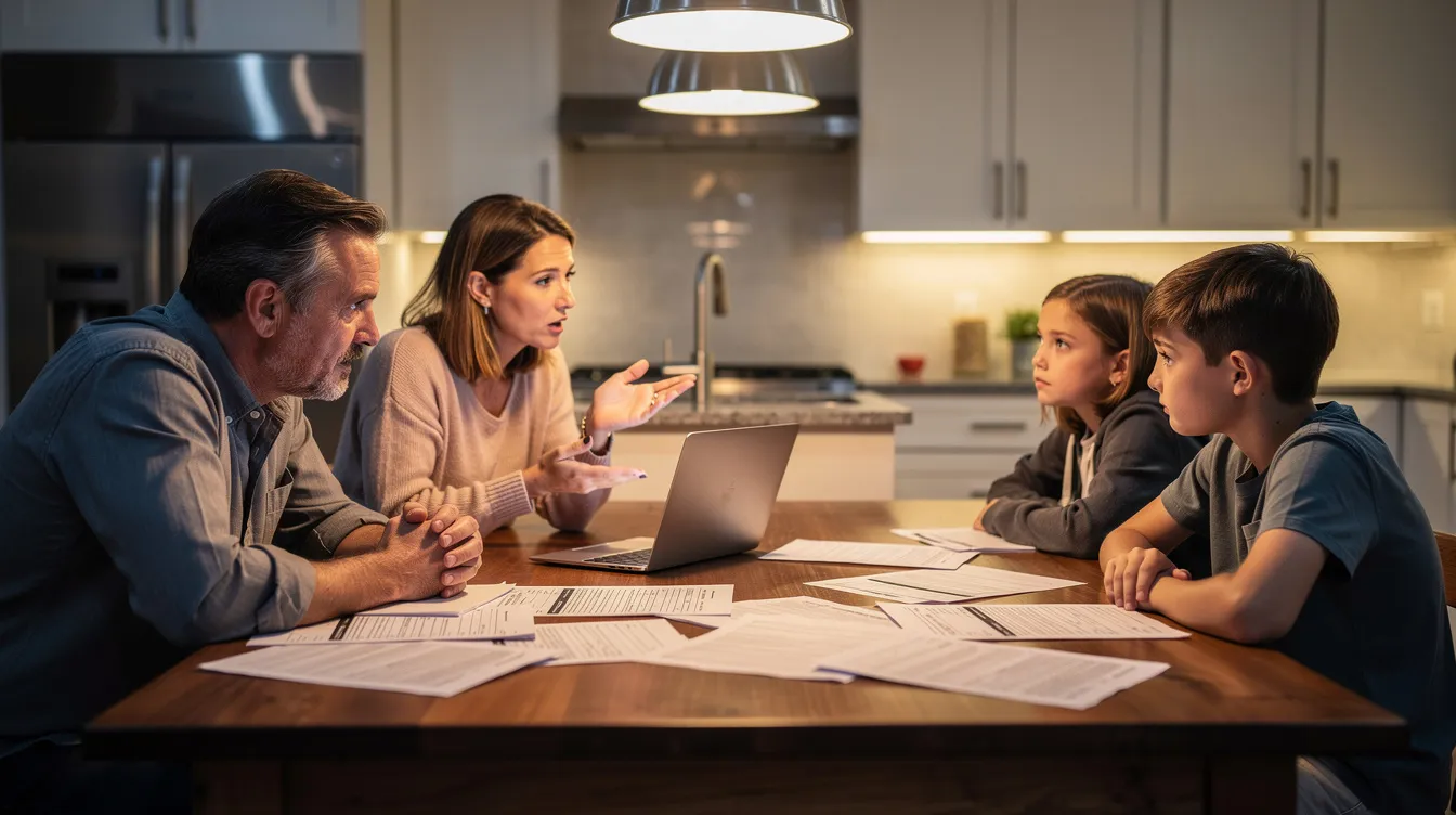 A family is gathered around a kitchen table, engaged in a discussion while reviewing papers and a laptop. The scene suggests they may be discussing financial matters, possibly related to a loan application or the terms of a private loan.
