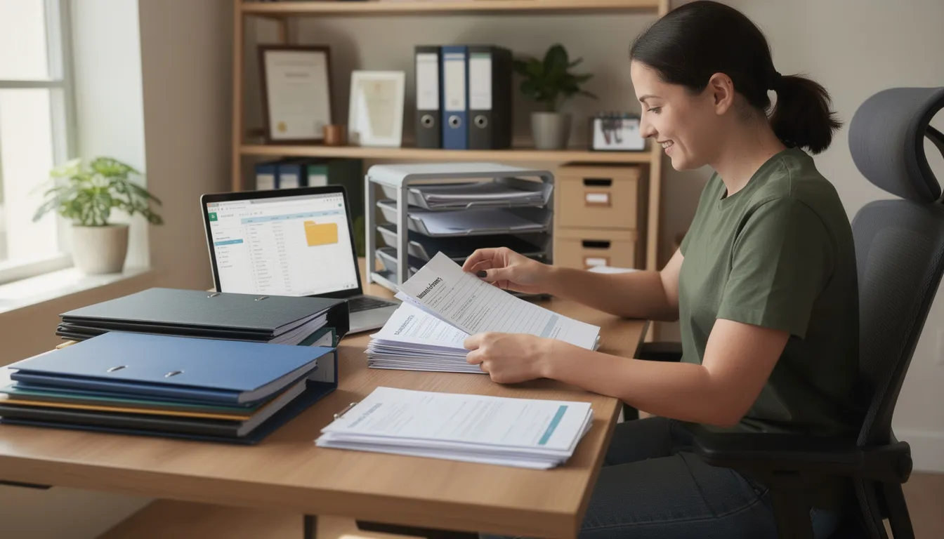 A person is seated at a desk in a home office, carefully organizing various insurance documents related to health coverage and retirement plans. The scene highlights the importance of understanding retiree health coverage, including Medicare options and life insurance policies, as they prepare for their retirement date.