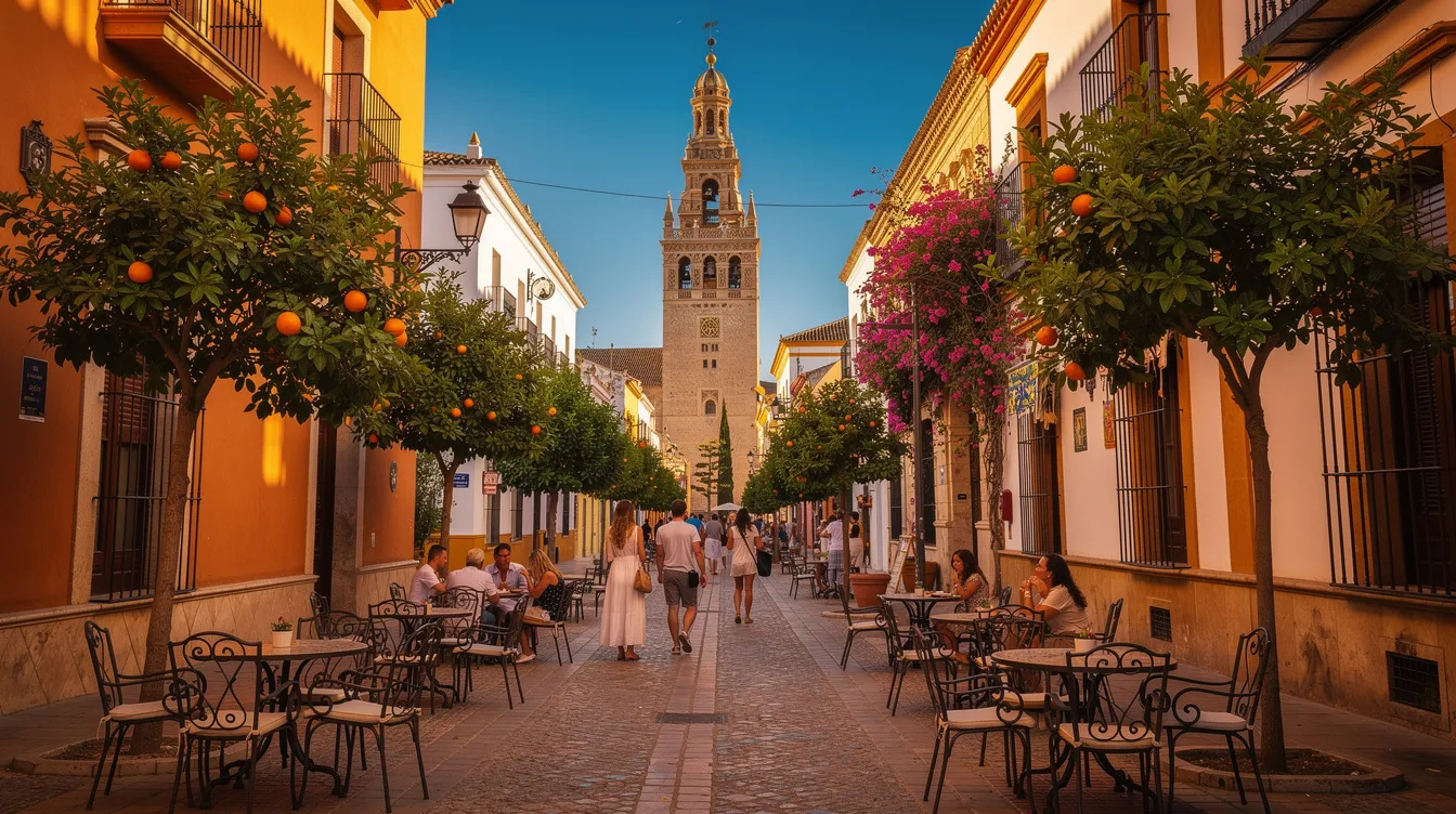 A imagem retrata uma vista deslumbrante de Sevilha, na Espanha, durante o verão, destacando a famosa Plaza de España e os belos edifícios do centro histórico da cidade. O rio Guadalquivir pode ser visto ao fundo, com pessoas aproveitando o clima ensolarado em um dos locais mais icônicos da Andaluzia.