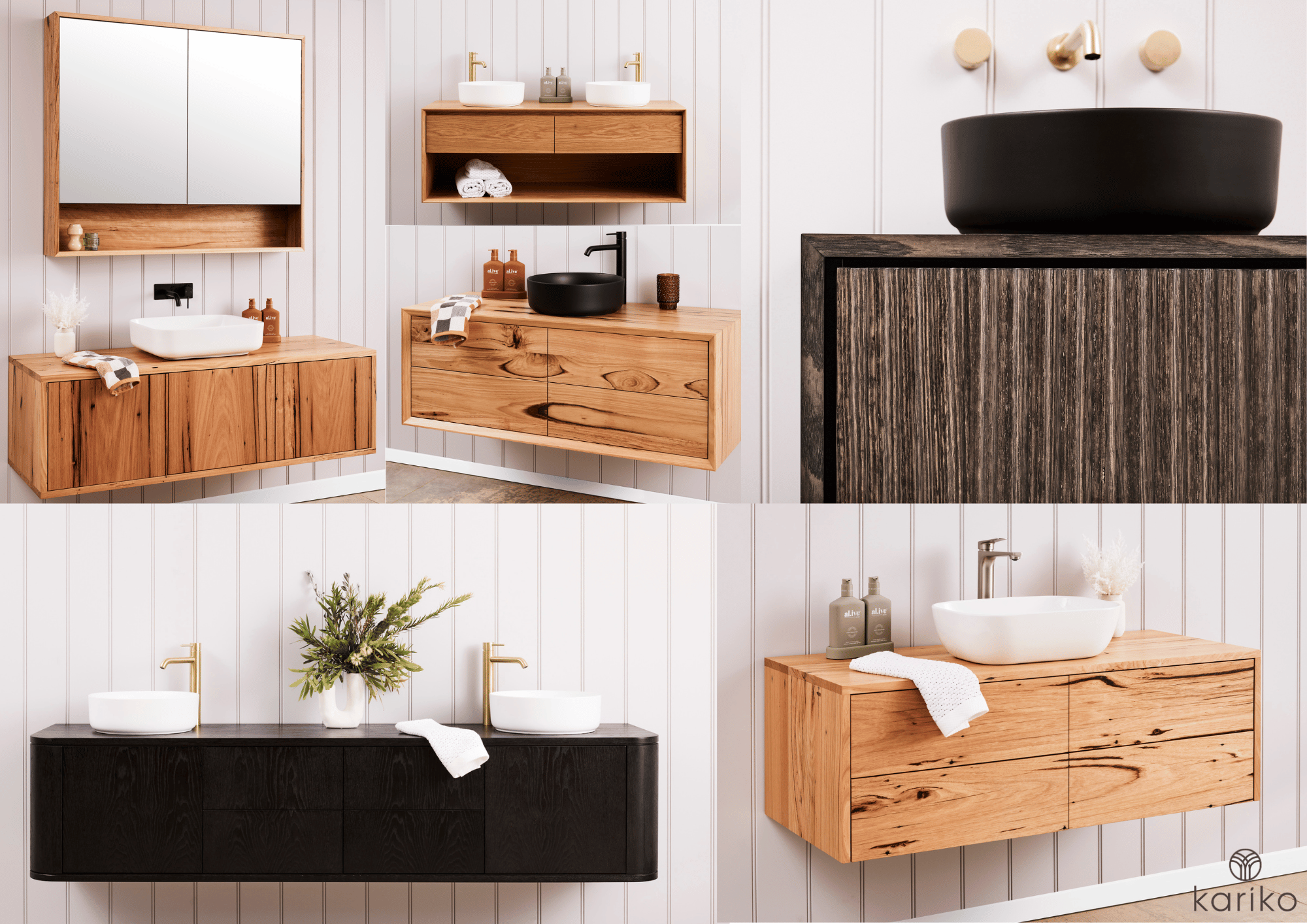 A range of wall hung vanities in different styles and colours