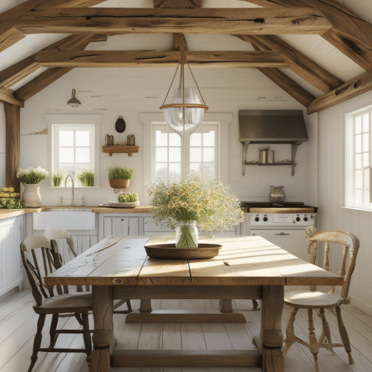 Cozy rustic kitchen with wooden beams, a large wooden dining table, vintage chairs, and natural light streaming through windows, highlighting fresh plants and simple decor.