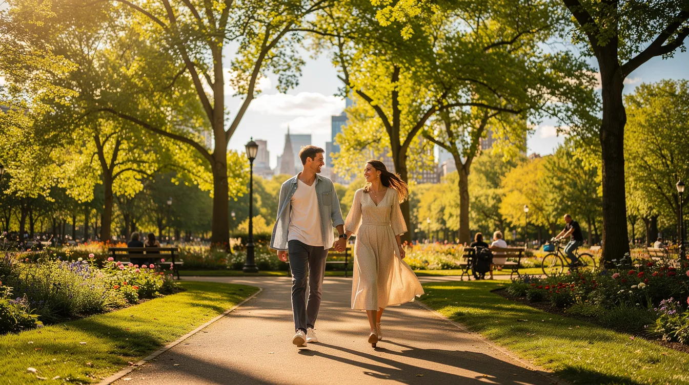 A couple strolls hand-in-hand through a sunny city park, embodying a loving relationship filled with mutual respect and emotional intimacy. Their relaxed body language and smiles reflect the joy of spending quality time together, showcasing the beauty of a committed partnership.