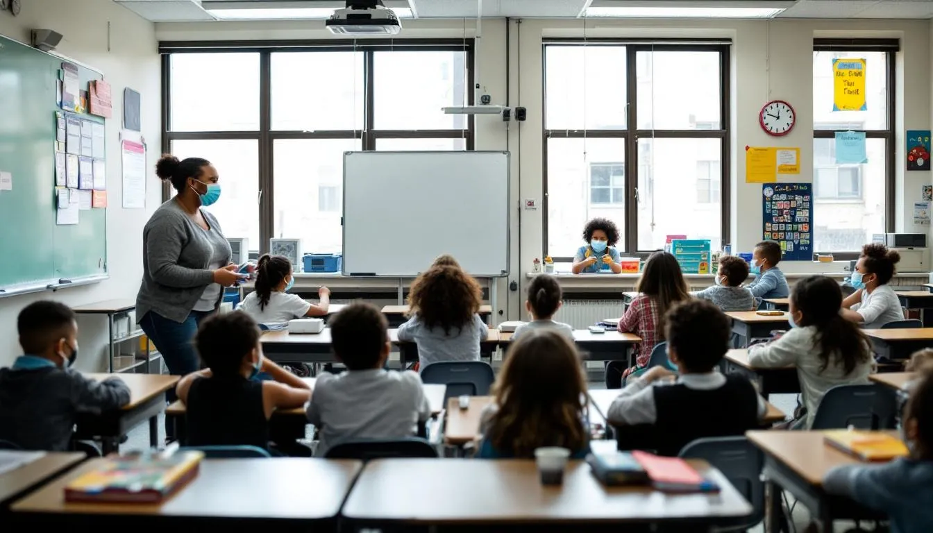 The image shows a diverse group of students and teachers in a New York City classroom, all wearing masks and maintaining social distance as they follow COVID-19 safety protocols. The setting reflects the city's efforts in pandemic prevention and highlights the importance of public health during the ongoing crisis.