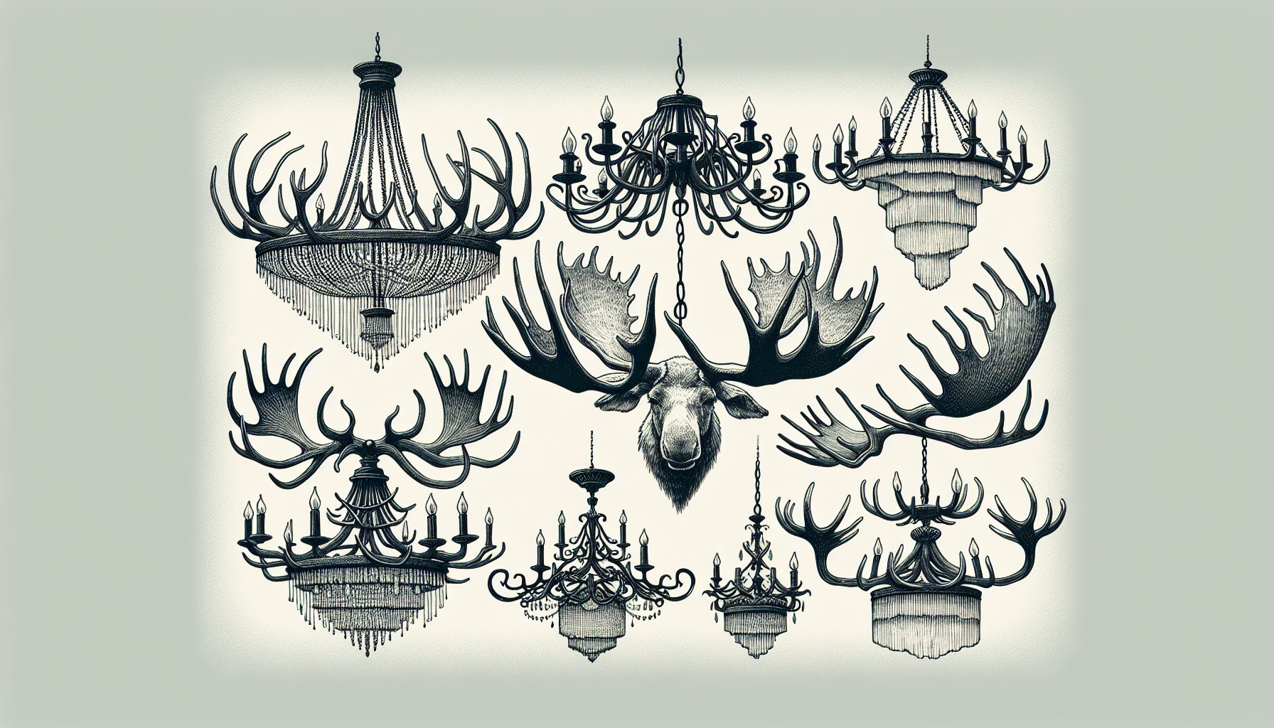 Various types of antler chandeliers