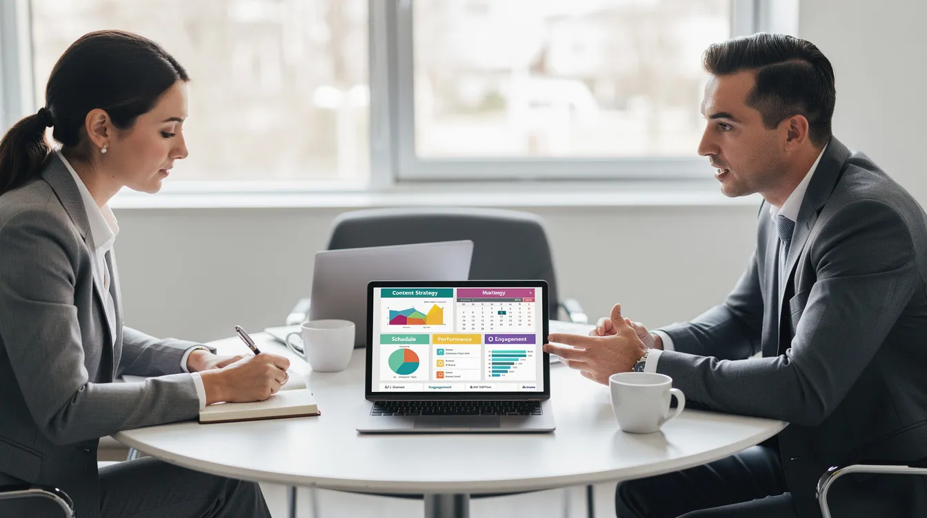 Two professionals are engaged in a consultation meeting, analyzing a content plan displayed on a tablet, likely discussing strategies for a successful podcast production. The atmosphere is collaborative, emphasizing the importance of effective podcast marketing and audience growth in the podcast industry.