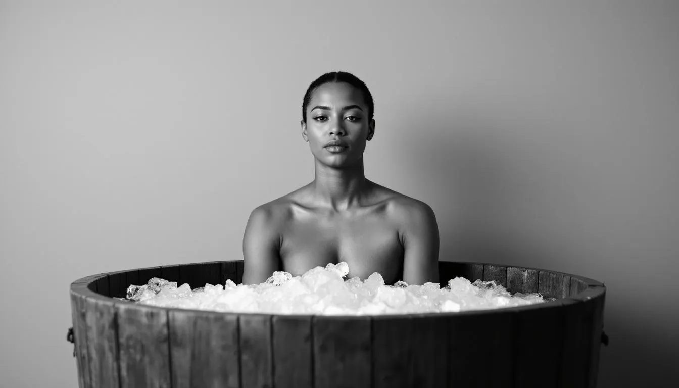 A person immersed in an ice bath, showcasing the mental resilience gained through cold exposure.