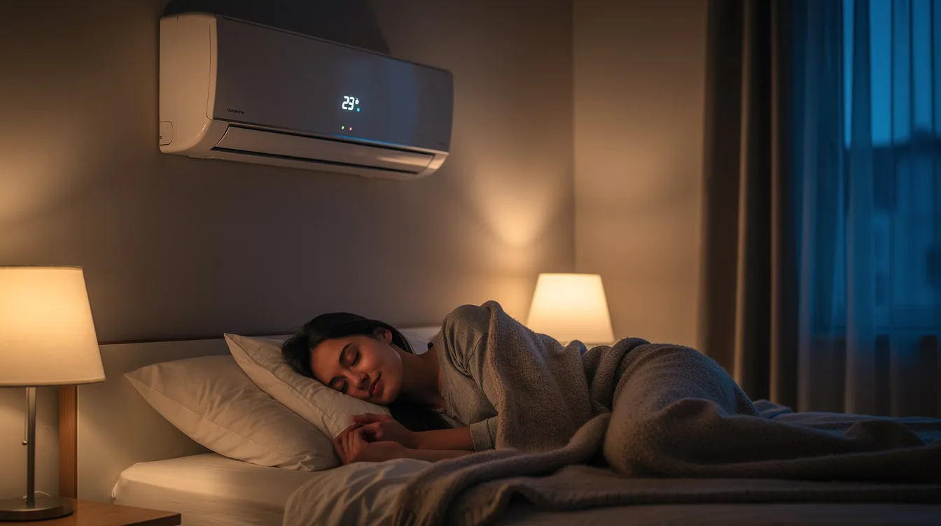 A person is sleeping peacefully in a dimly lit bedroom, with a quiet wall-mounted inverter air conditioner visible above, ensuring efficient cooling and consistent temperatures for a restful night. The air conditioning unit operates quietly, contributing to the tranquil atmosphere of the room.