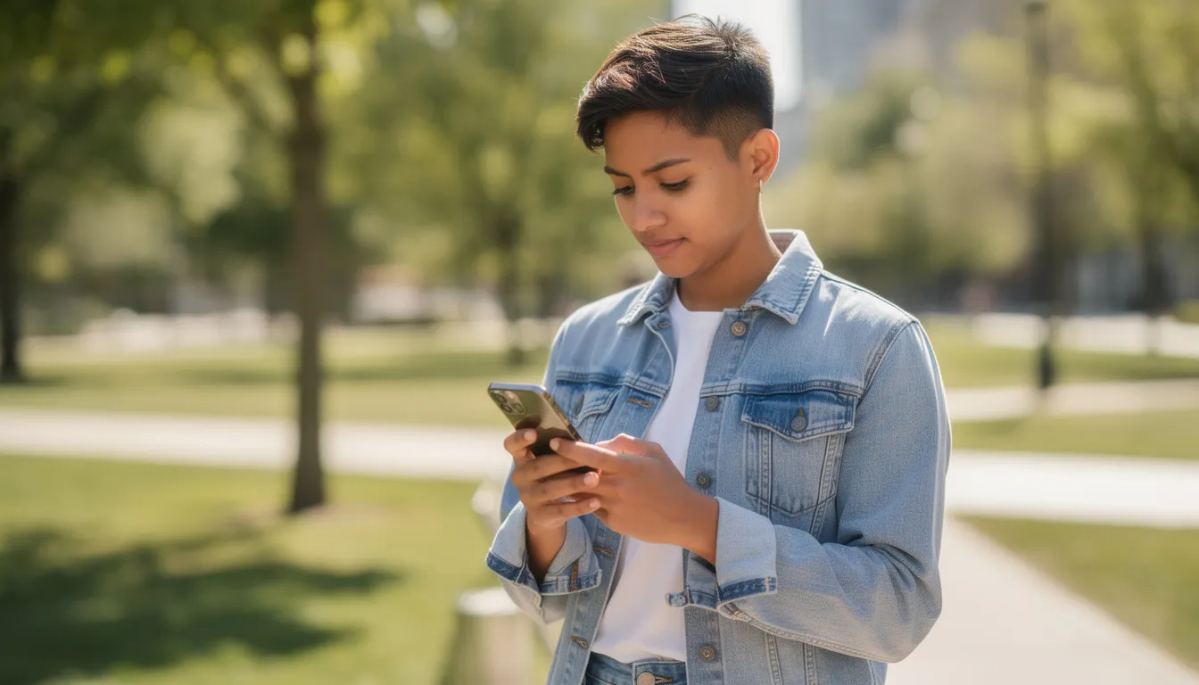 En person sitter utomhus och spelar på sin smartphone, engagerad i ett casino spel. Denna aktivitet kan inkludera allt från slots till bordsspel, och erbjuder en möjlighet till underhållning hos swift casino.