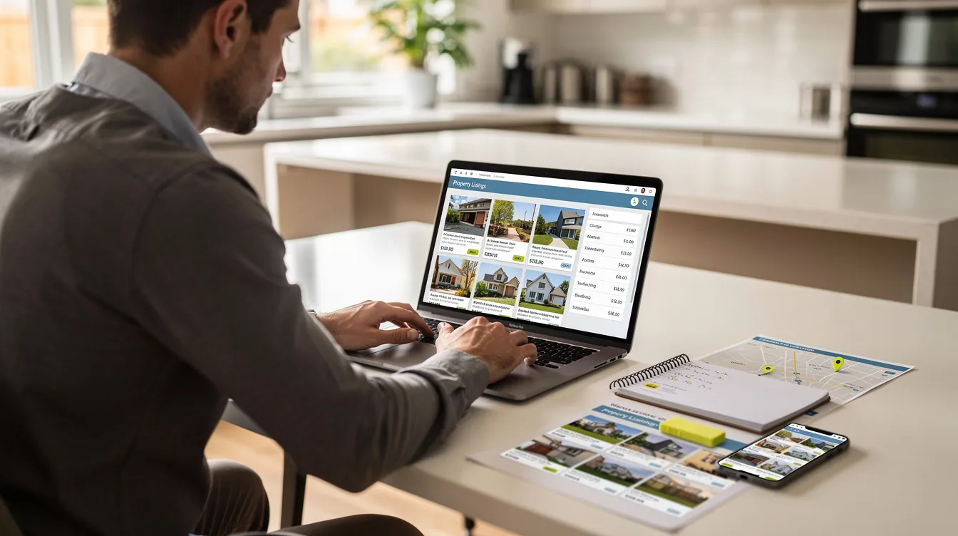 A real estate investor is seated at a kitchen table, intently reviewing property listings on a laptop, considering various investment properties. The scene highlights the importance of evaluating equity lines of credit and interest rates for financing options such as a home equity line on an investment property.