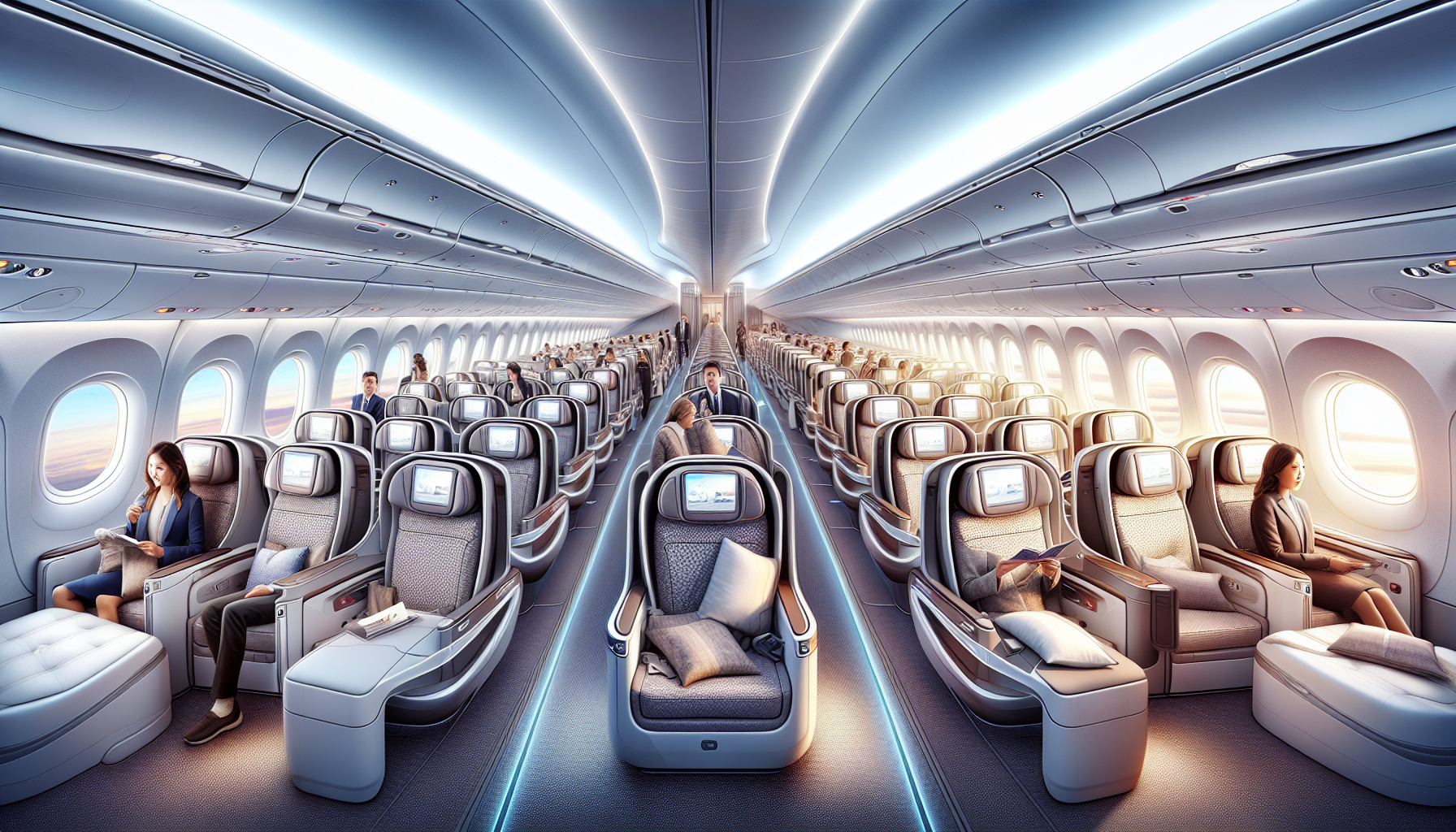 An artistic representation of the spacious cabin design of the Boeing 787 Dreamliner.