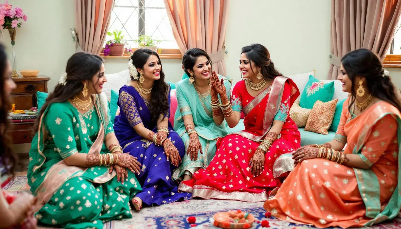 A group of women dressed in vibrant mehendi lehengas adorned with intricate embroidery sit together, celebrating a joyful henna ceremony. The colorful outfits reflect their personal style and the timeless elegance of this special day, filled with laughter and tradition.