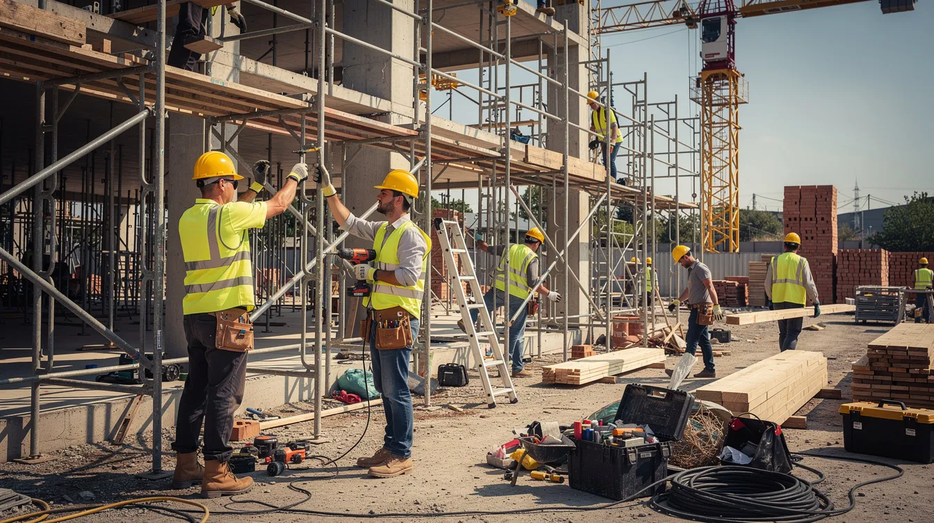 A construction crew is actively working together on a building site, surrounded by scaffolding and various tools. The teamwork displayed here highlights the importance of collaboration in achieving the employer's legitimate business interests in the construction industry.
