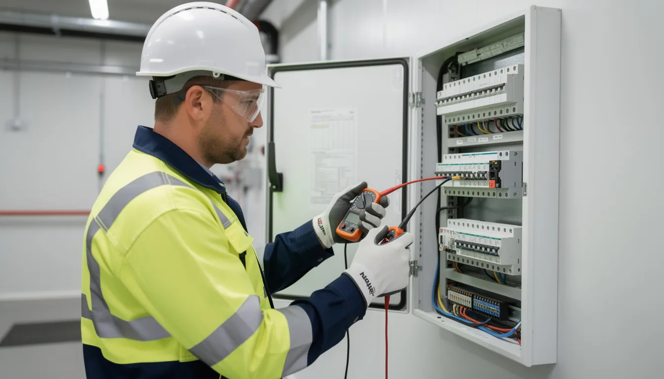 A professional electrician in safety gear is diligently testing a distribution board panel, ensuring the optimal performance of the electrical systems. This scene highlights the importance of reliable electrical services and safety measures in maintaining safe and efficient electrical installations.