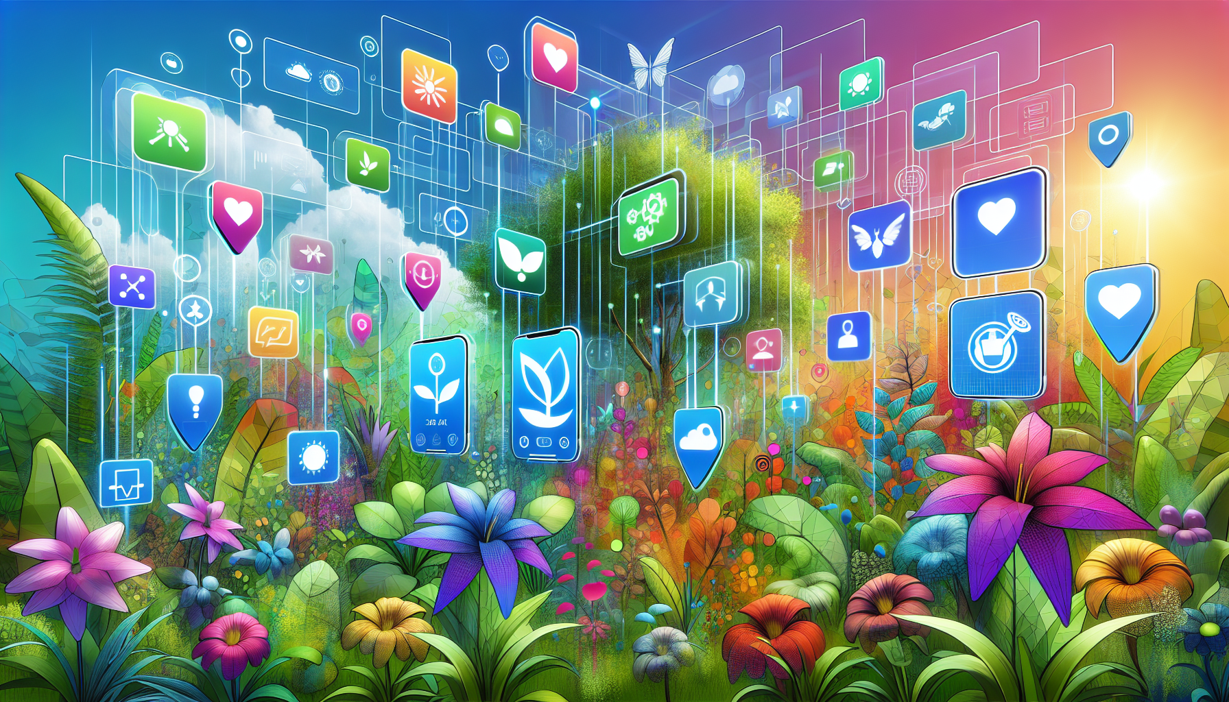 An artistic representation of different augmented reality apps designed for plants.