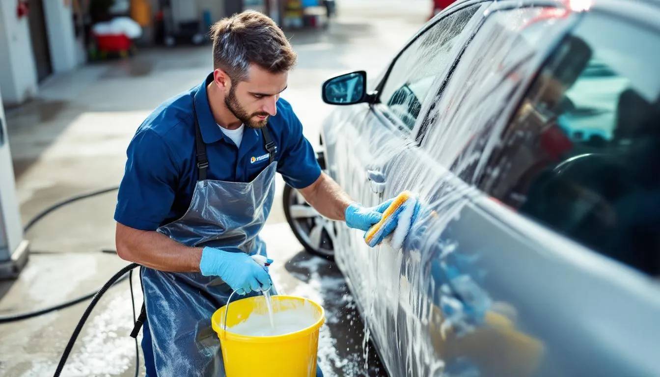 Na zdjęciu widoczny jest mężczyzna, który myje samochód przy użyciu profesjonalnych środków czyszczących. To doskonały pomysł na prezent dla każdego mężczyzny, który ceni sobie zadbanie o swój pojazd.
