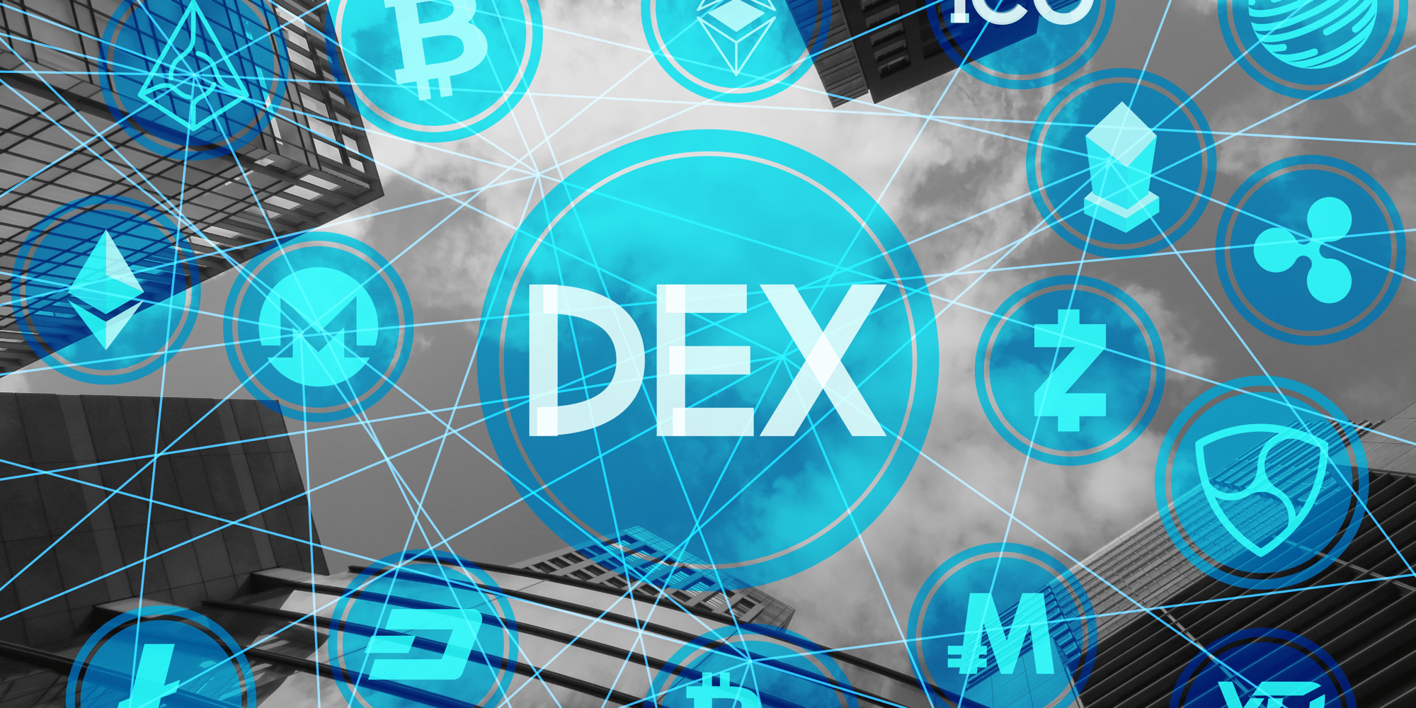 An illustration of buildings with a DEX image and various decentralized crypto coin logos. 