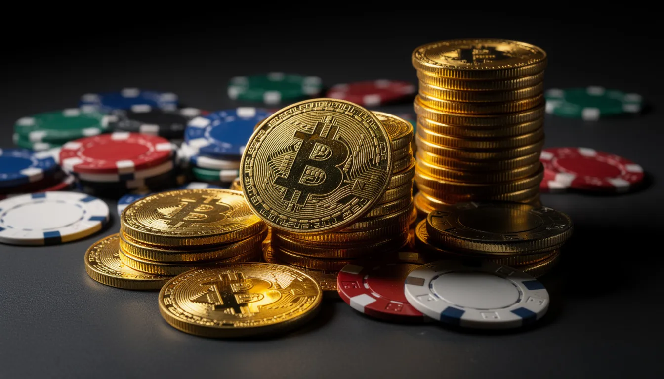 The image features a stack of shiny golden Bitcoin coins positioned next to colorful poker chips on a dark surface, symbolizing the intersection of cryptocurrency and online casinos. This visual highlights the growing trend of using digital currency in gambling sites, particularly in non Gamstop casinos.