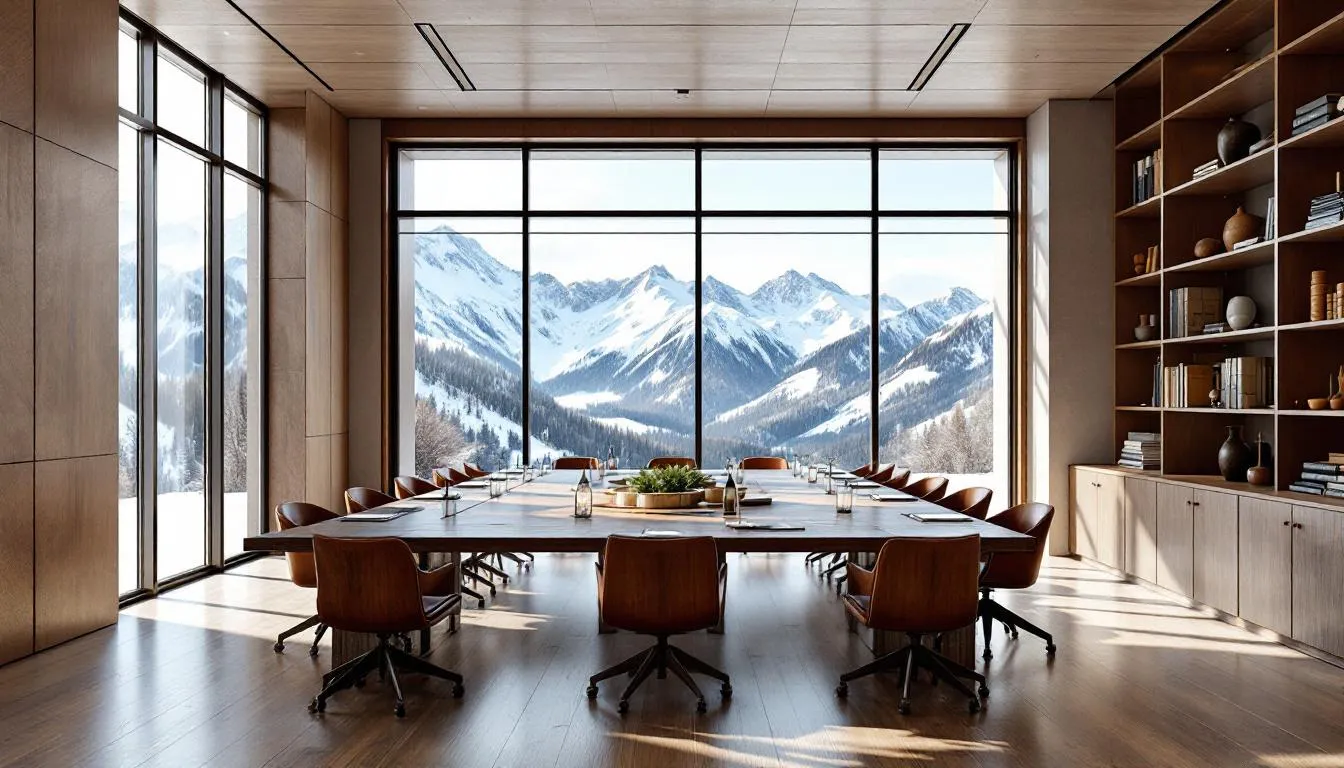 The image depicts a spacious conference room featuring rustic wooden furniture and large windows that offer breathtaking views of the surrounding mountains. This inviting space at Cedar Breaks Lodge is ideal for meetings and gatherings, allowing guests to enjoy the natural beauty of the area while conducting business.