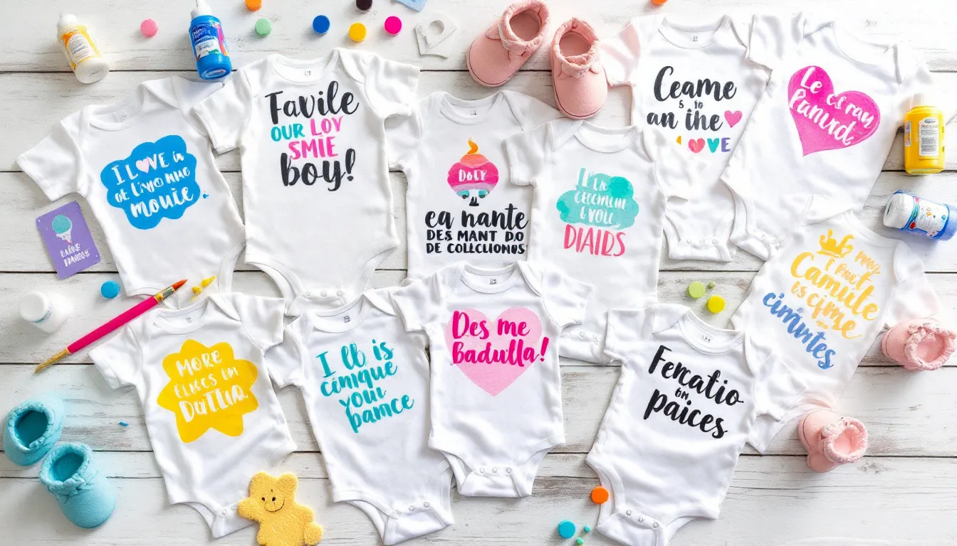 A flat lay displays white baby onesies adorned with charming hand-painted designs and humorous sayings, surrounded by fabric paint, stencils, and adorable baby booties, showcasing thoughtful homemade gifts perfect for a baby shower or new baby. This delightful arrangement highlights DIY baby gift ideas for parents looking to create personalized and fun items for their little ones.