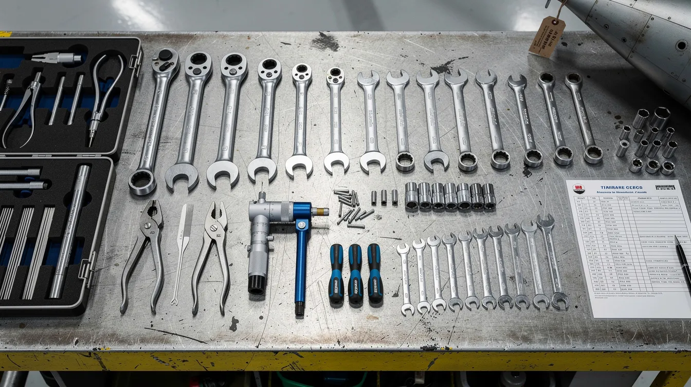The image shows a variety of aircraft tools neatly arranged on a maintenance workbench, highlighting essential equipment used in the aviation maintenance industry. This setup is crucial for aircraft mechanics and technicians participating in an apprenticeship program to gain hands-on experience and develop their skills.