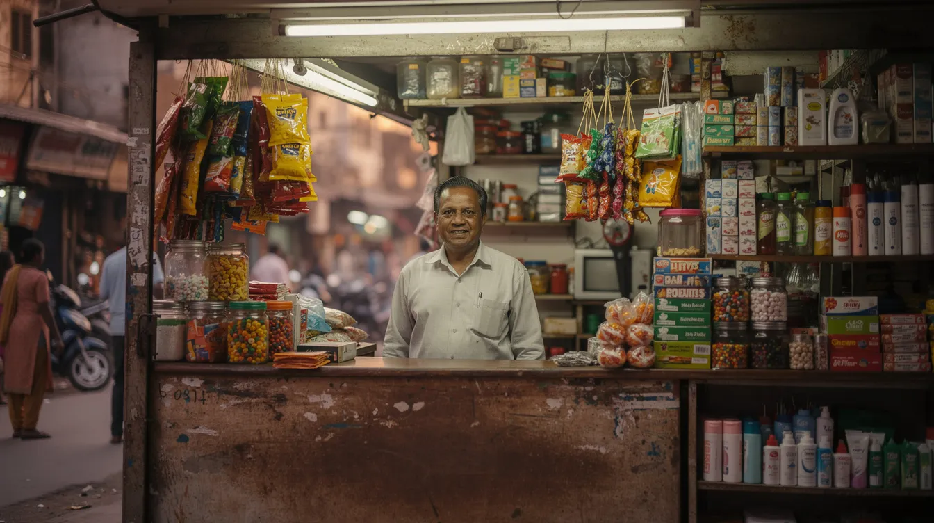 The image shows a small shop owner standing at the counter of a modest retail store in an Indian market, reflecting the vibrant atmosphere of local businesses. This scene highlights the importance of micro finance institutions and the support they provide to small enterprises, essential for their growth and sustainability.