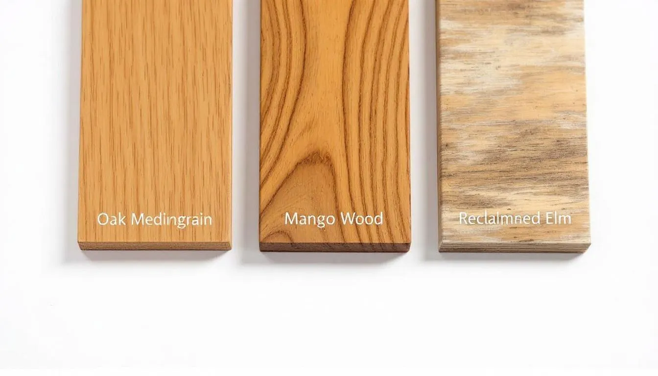 The image features a close-up view of various wood grains and finishes, showcasing the rich textures of oak, mango wood, and reclaimed elm. This display highlights the timeless elegance and stylish aesthetic of wooden bedside tables, perfect for enhancing bedroom decor.