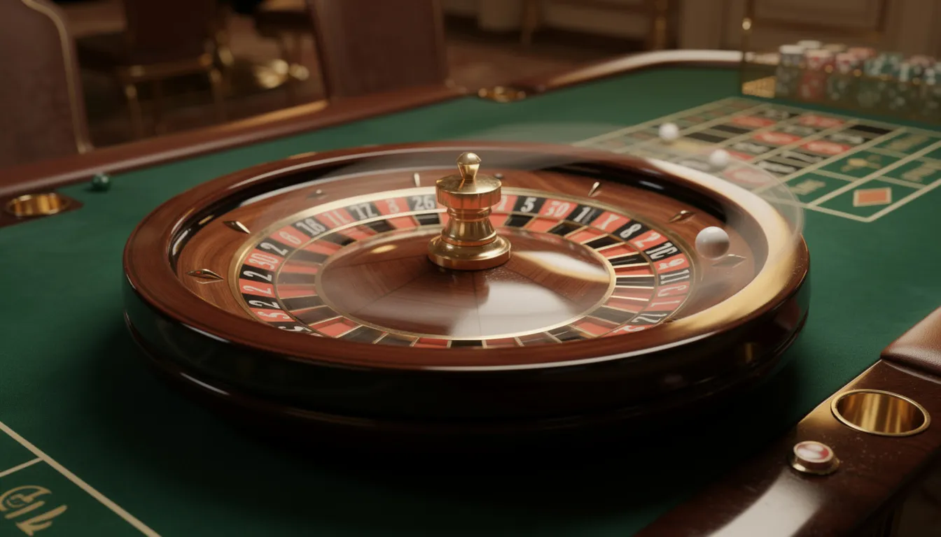 Ett roulettehjul snurrar på ett elegant casinobord med grönt tyg, vilket skapar en atmosfär av spänning och glamour. Denna bild fångar essensen av casinospel, där spelare kan njuta av en klassisk upplevelse hos exempelvis William Hill.
