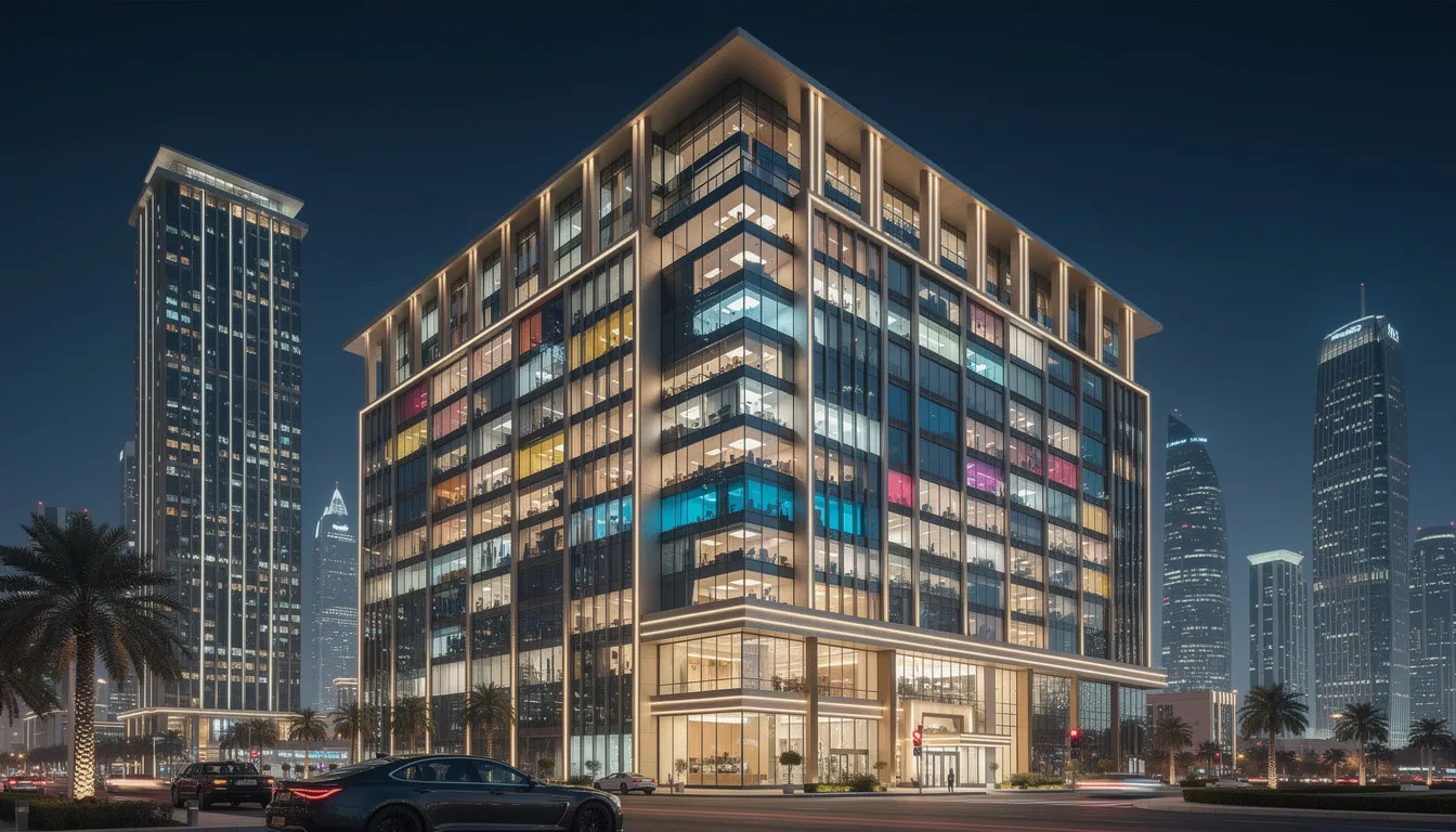 A modern office building in Dubai is illuminated at night, showcasing its architectural lighting and glowing windows. This vibrant scene highlights the importance of quality electrical systems and professional electrical services that ensure safety and performance in commercial spaces.