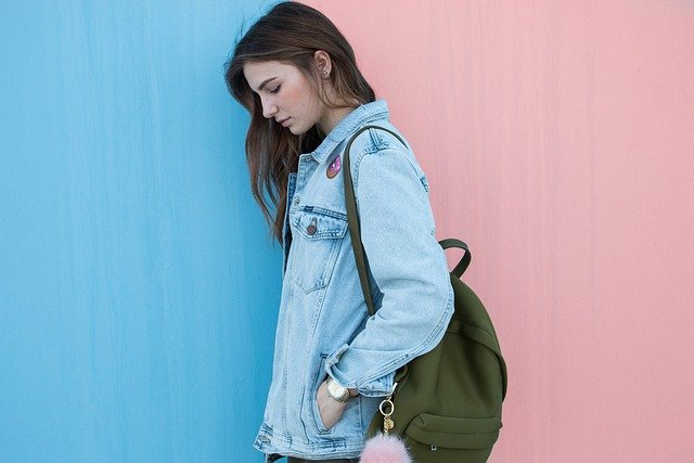 woman, brunette, denim jacket