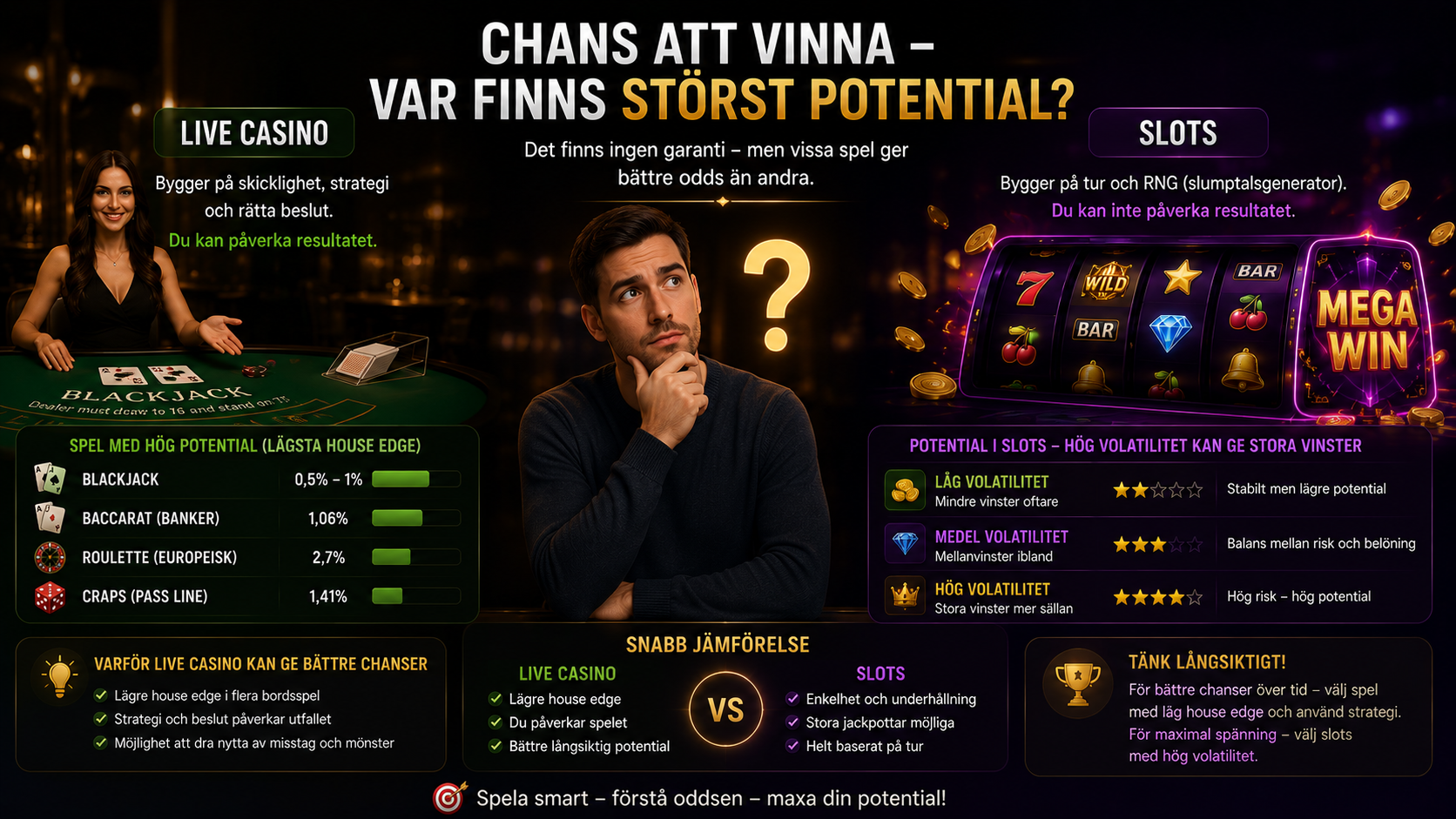 Jämförelse mellan live casino och slots med fokus på vinstchanser och volatilitet
