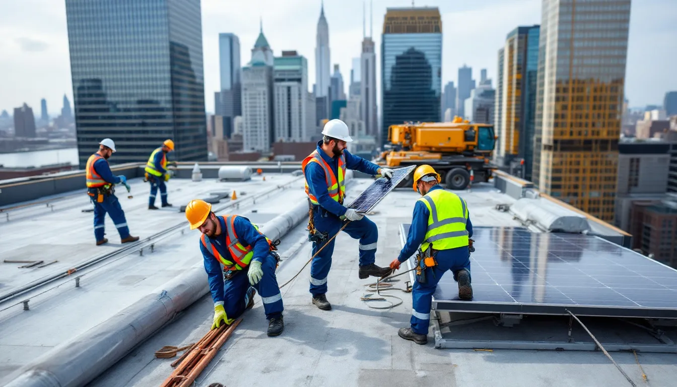A team of expert commercial roofers working on a commercial roofing project in New Jersey.