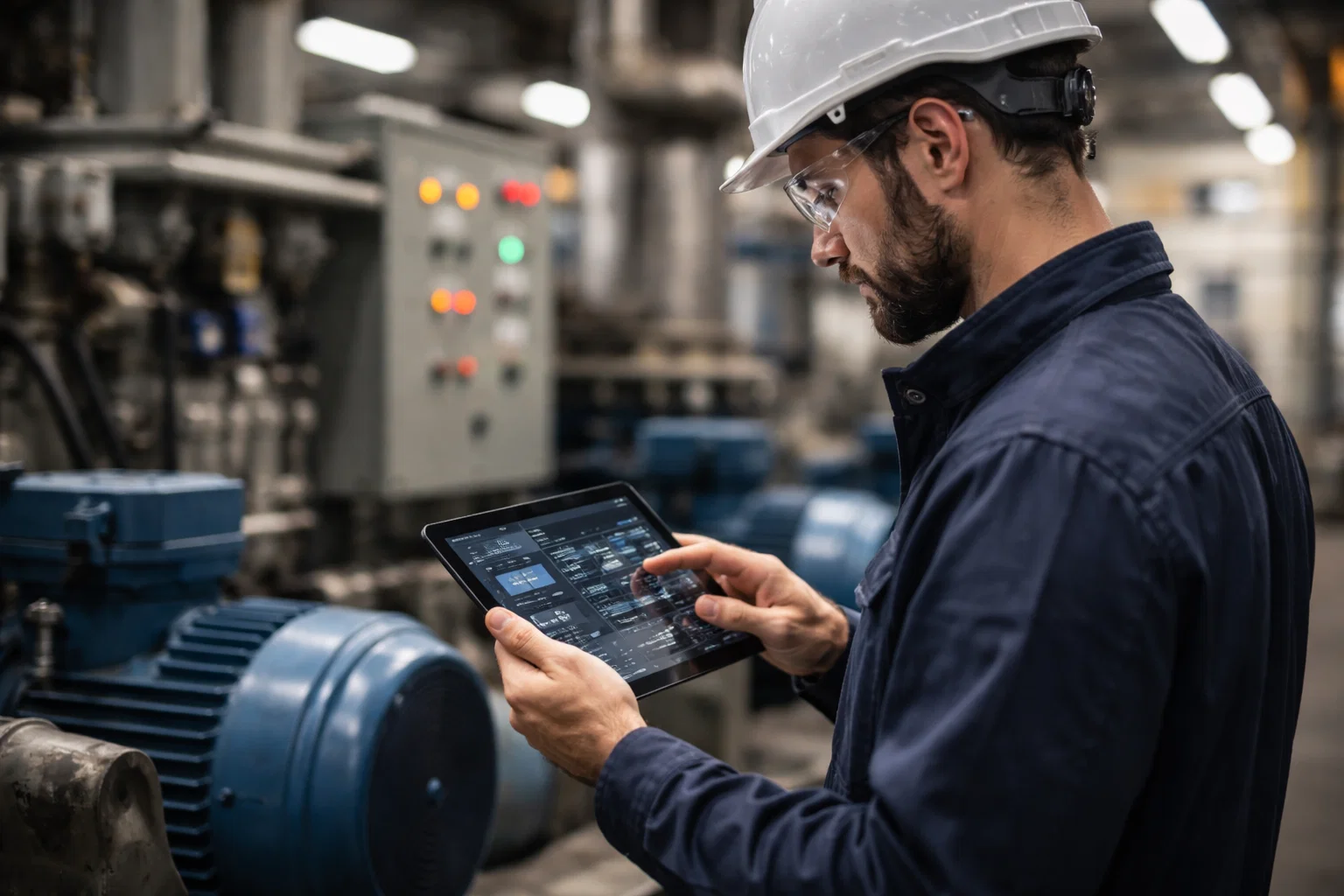 Engineer analysing condition monitoring data to detect early machine faults in an industrial environment.