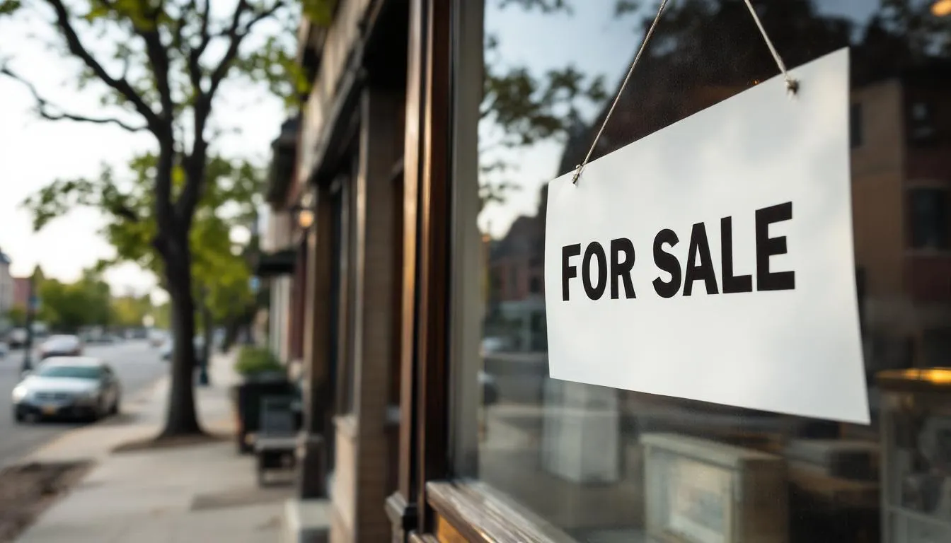 The image shows a small local business storefront featuring a prominent "For Sale" sign displayed in the window, indicating the business is available for purchase. This scene hints at the potential for new ownership and the various factors involved in retirement planning and business transitions.