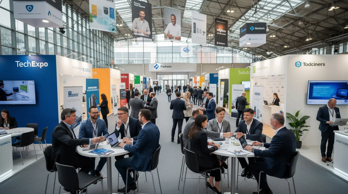 The image depicts a bustling trade exhibition hall filled with various booths where business professionals are actively networking and discussing opportunities related to 中小企業. The atmosphere is vibrant, showcasing the latest developments and support programs for 中小企 in Hong Kong as they prepare for the future.