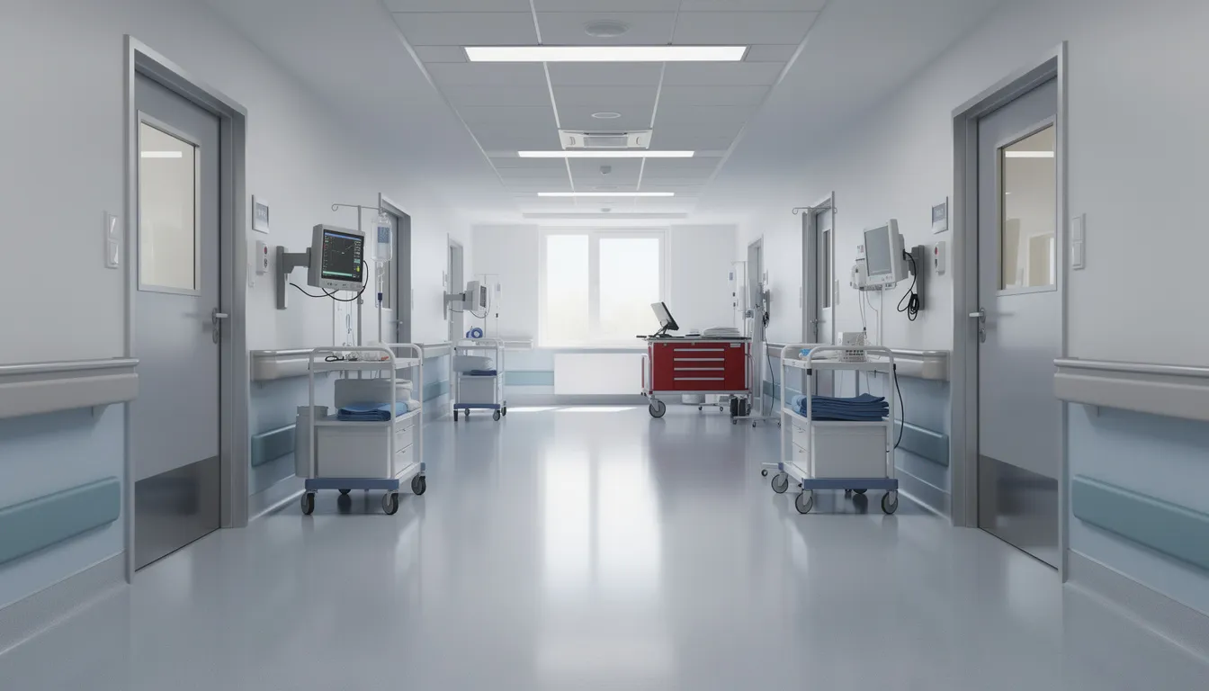 The image depicts a bright hospital corridor lined with medical equipment, showcasing a clean and organized environment typical of healthcare facilities. Natural light filters through large windows, creating a welcoming atmosphere for patients and their families, which can be crucial for those recovering from serious injuries, such as those sustained in a motorcycle accident.