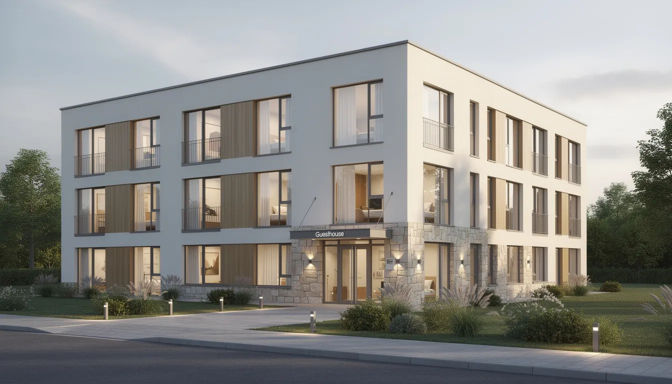 The image shows a modern guesthouse with a sleek exterior featuring multiple large windows, indicating a multi-room accommodation setup. This inviting structure suggests a comfortable stay for guests, while also being a potential location for professional DSTV installation services to enhance their viewing pleasure.