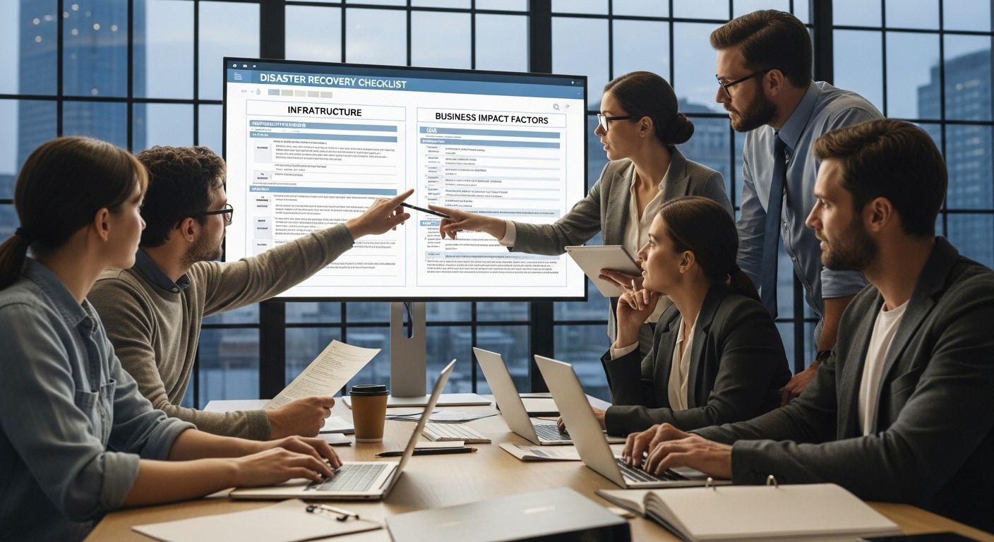 IT team reviewing disaster recovery checklist with infrastructure, risk, and business impact factors.