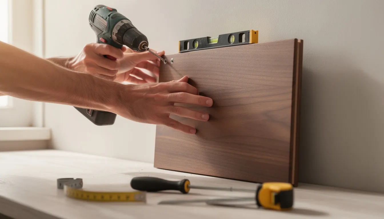 Twee handen bevestigen een walnoot wandpaneel aan een muur met behulp van gereedschap, terwijl de warme uitstraling van het houtfineer goed zichtbaar is. De montage van deze akoestische wandpanelen is eenvoudig en zorgt voor een stijlvolle sfeer in de kamer.