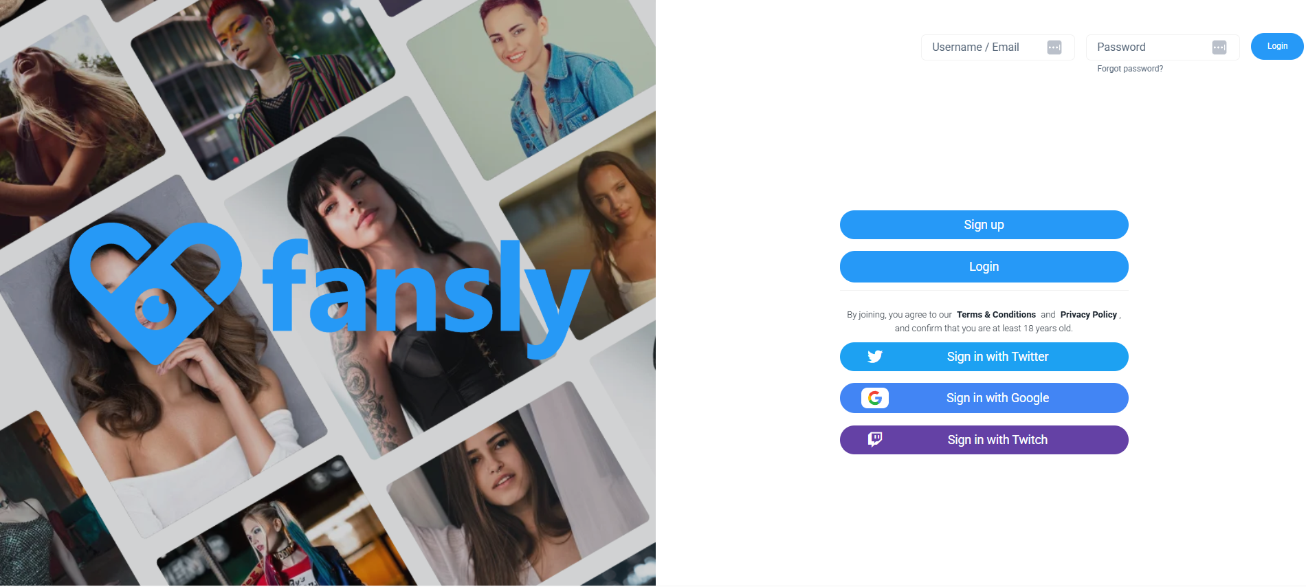 Fansly login page with user photos and multiple sign-in options.