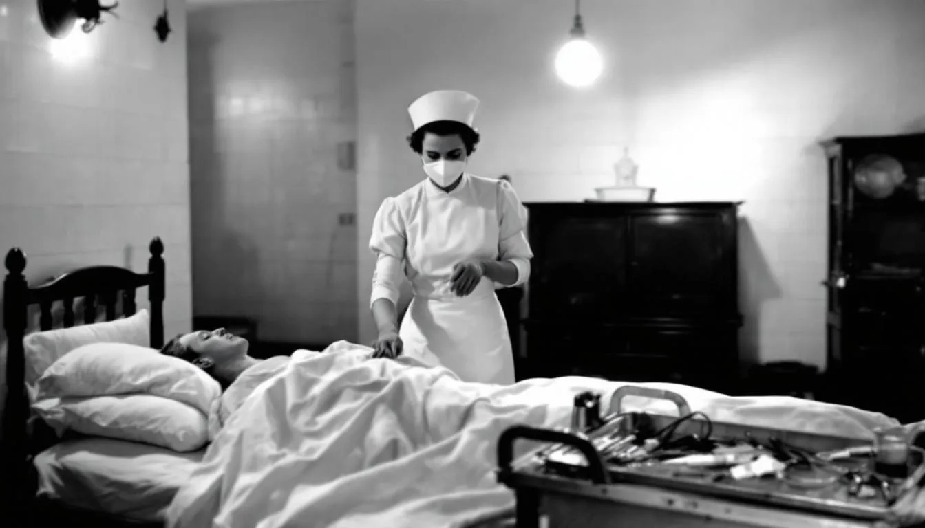 The image depicts a historical medical setting from the 1930s, showcasing early infection control practices, including healthcare personnel wearing personal protective equipment such as surgical masks. It highlights methods to prevent disease transmission, particularly respiratory infections, through the management of respiratory droplets and the importance of infection prevention in healthcare settings.