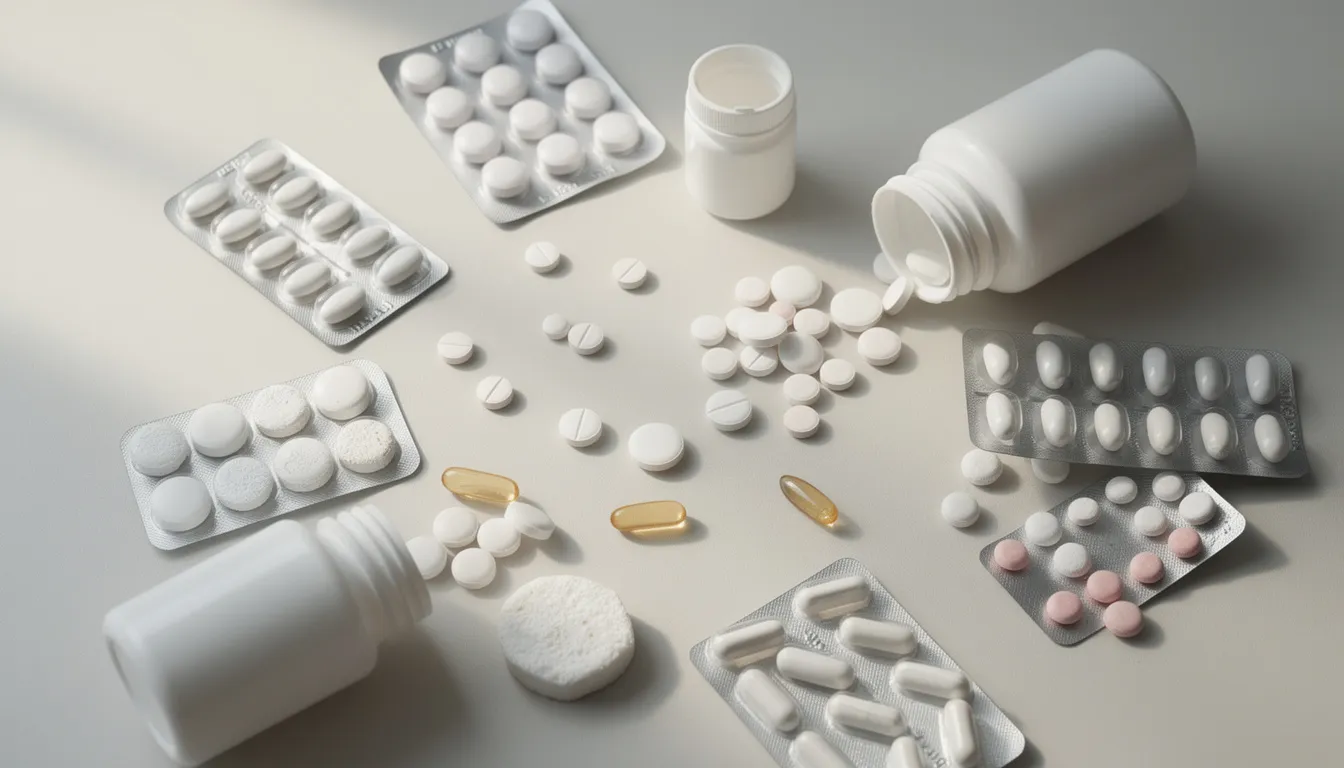 Na stole znajdują się różne rodzaje tabletek i suplementów wapnia, w tym węglan wapnia, które są przeznaczone do uzupełnienia niedoboru wapnia w diecie psów i kotów. Preparaty te mogą wspierać prawidłowe funkcjonowanie układu nerwowego oraz przyczyniać się do zdrowego rozwoju kośćca, szczególnie u młodych psów ras dużych.