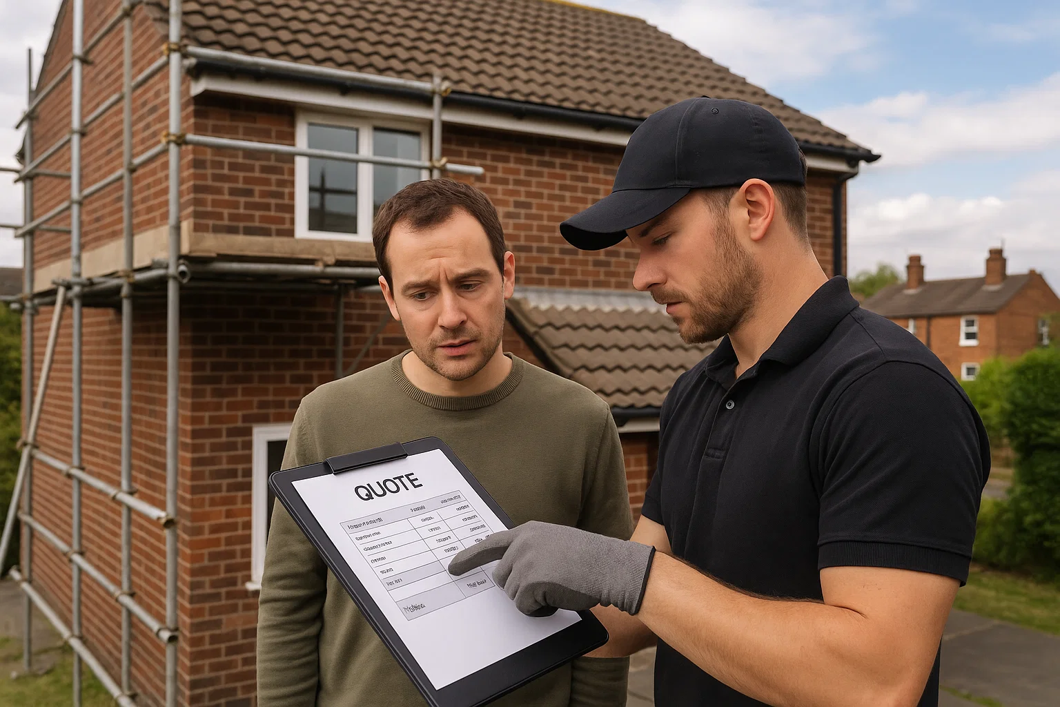 Homeowner discussing roof repair and replacement costs with a local roofer outside a UK home.