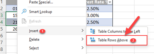 Select "Table Rows Above" of the "Insert" options