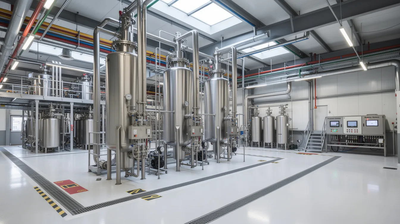 e0662272 92f2 4b44 9d1c 9c7e63b37040 The image depicts the interior of a modern solvent extraction plant, showcasing large industrial equipment and intricate piping systems used in the soybean oil extraction process. This facility is designed for efficient oil recovery from soybeans, highlighting its role in soybean oil production and the creation of soybean meal for animal feed.