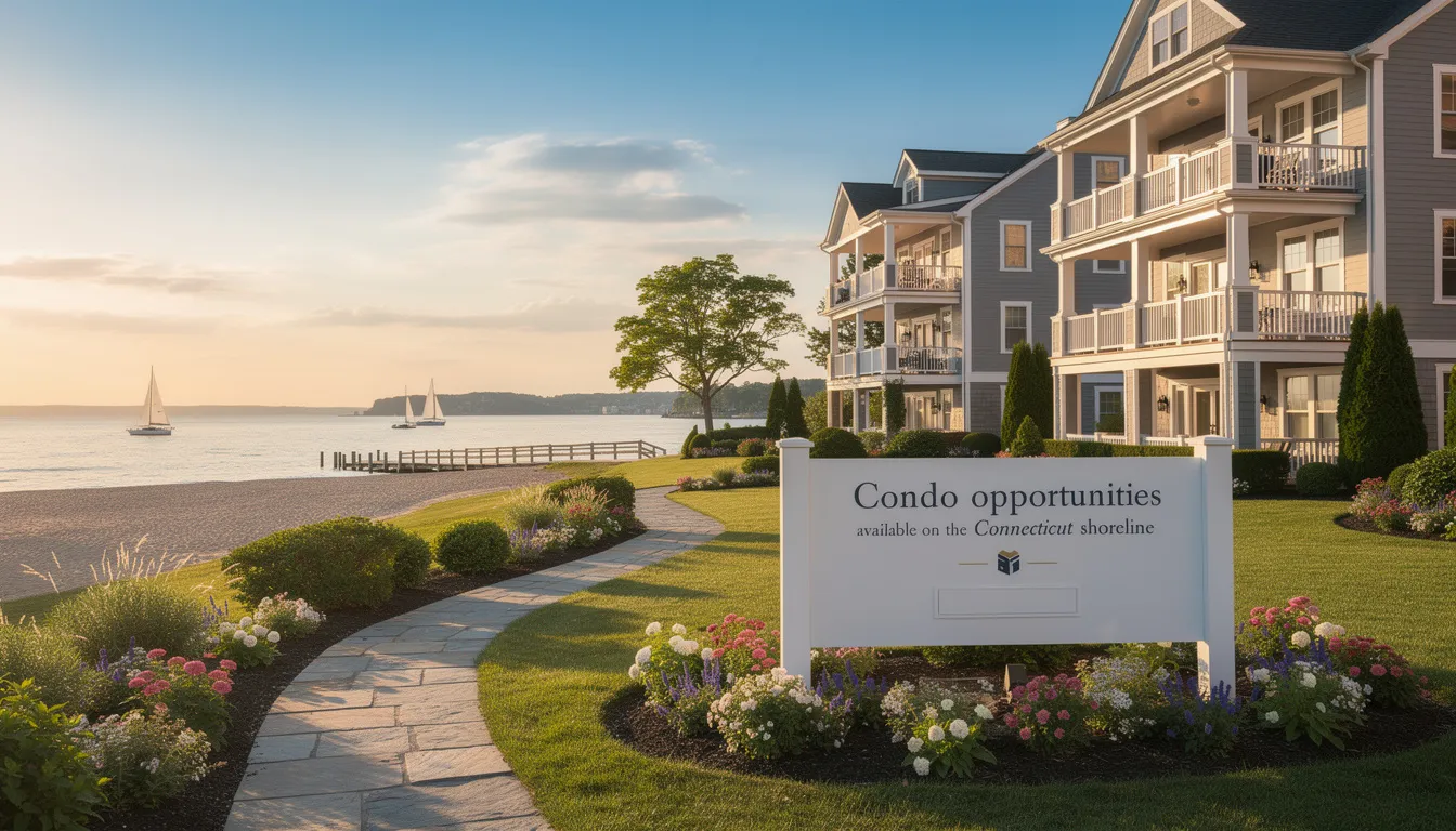This image showcases scenic views of the Connecticut shoreline, highlighting available condos for sale in the Guilford area. The vibrant sun illuminates the landscape, inviting potential buyers to explore real estate opportunities in this picturesque setting.